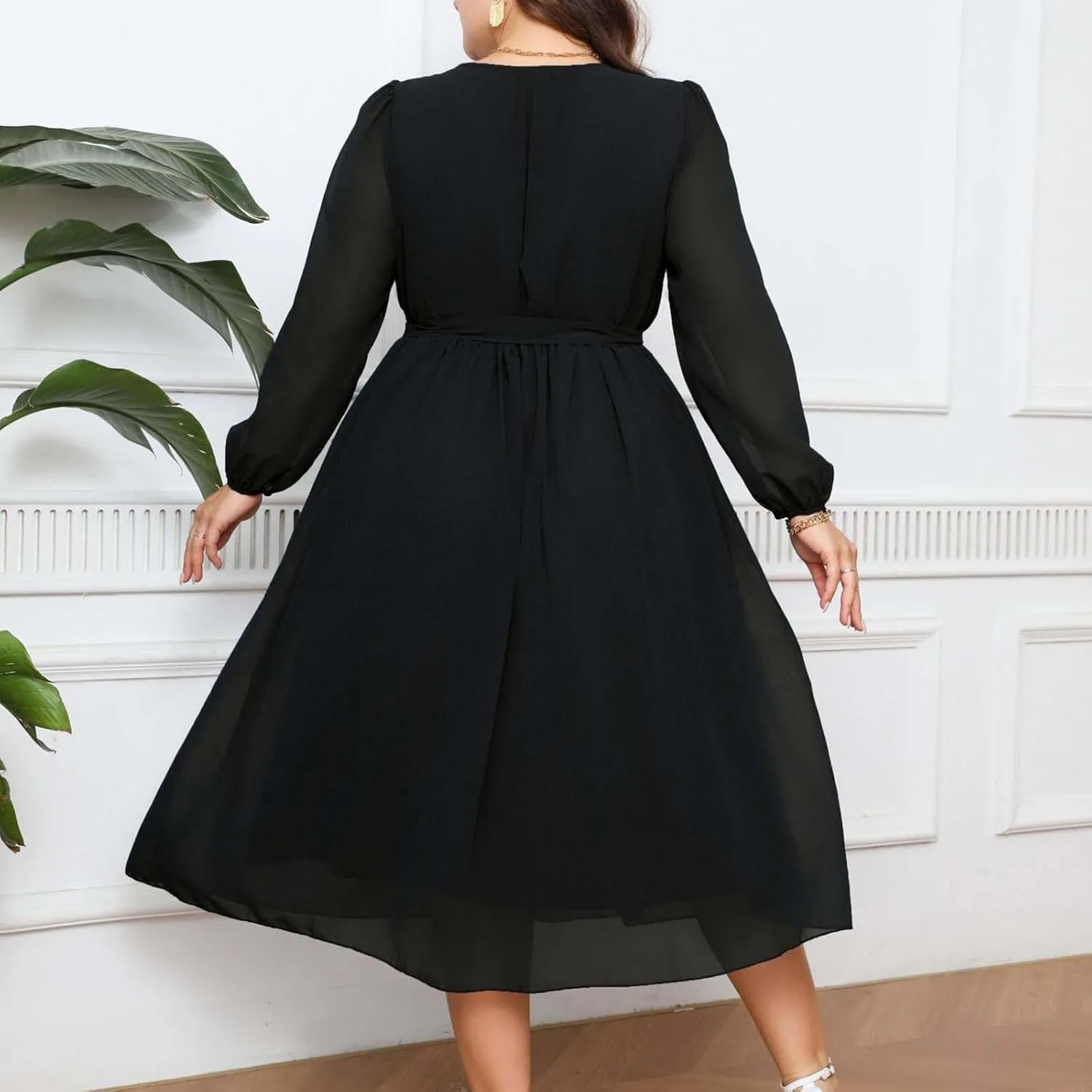 Women's Plus Size Elegant Work Midi Dress Casual Long Sleeves Pleated Knee Length Flowy 2024 Summer Chiffon Dress