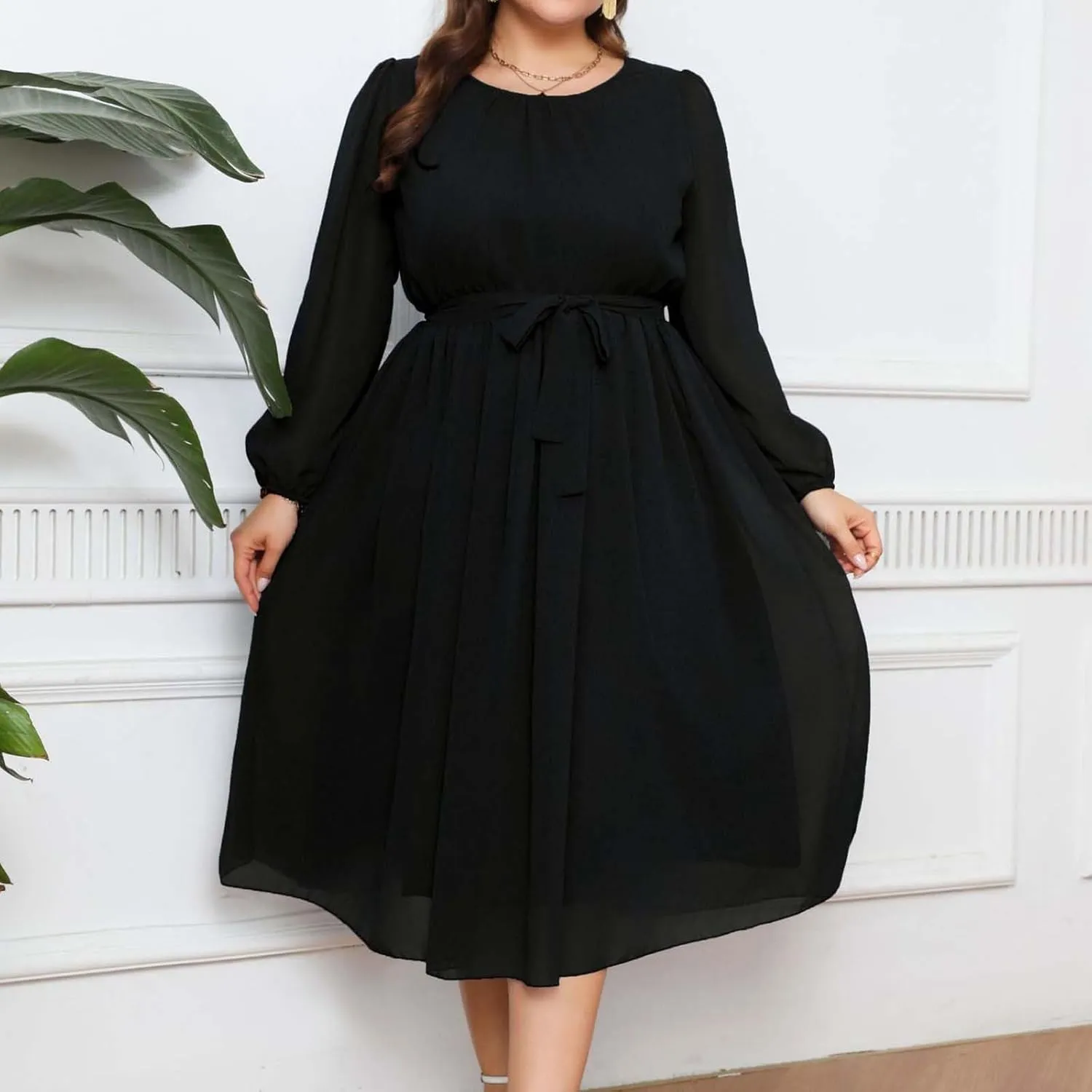 Women's Plus Size Elegant Work Midi Dress Casual Long Sleeves Pleated Knee Length Flowy 2024 Summer Chiffon Dress