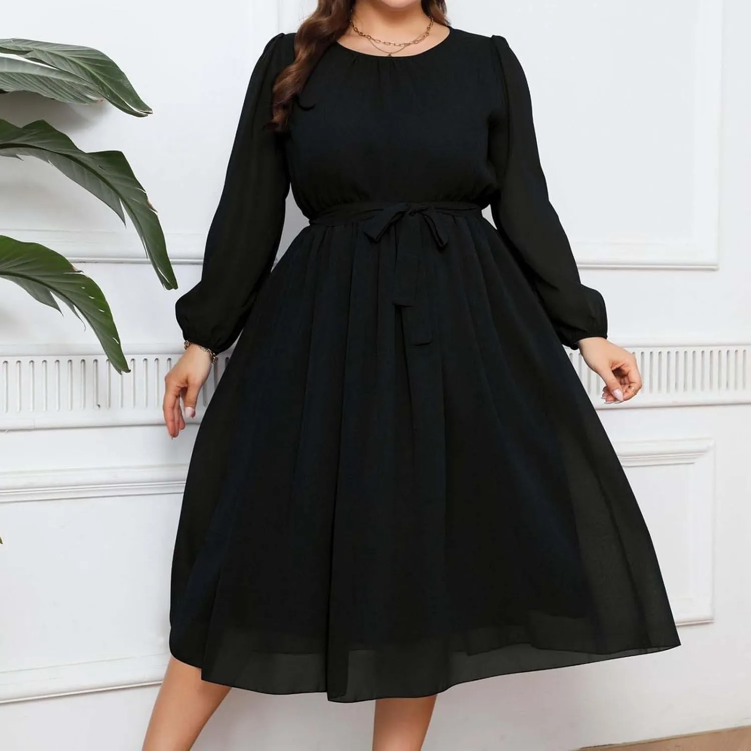 Women's Plus Size Elegant Work Midi Dress Casual Long Sleeves Pleated Knee Length Flowy 2024 Summer Chiffon Dress