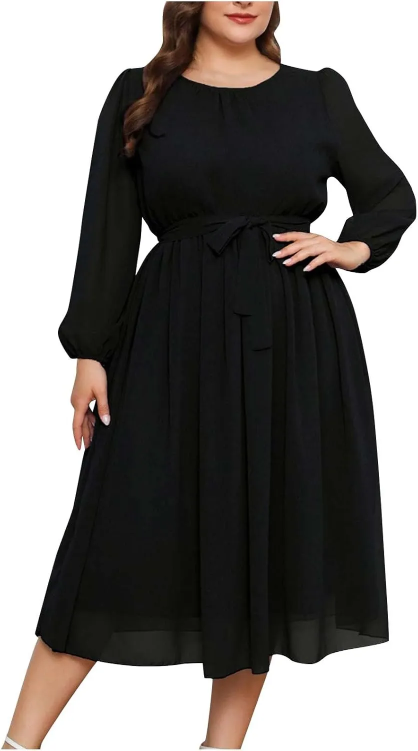 Women's Plus Size Elegant Work Midi Dress Casual Long Sleeves Pleated Knee Length Flowy 2024 Summer Chiffon Dress