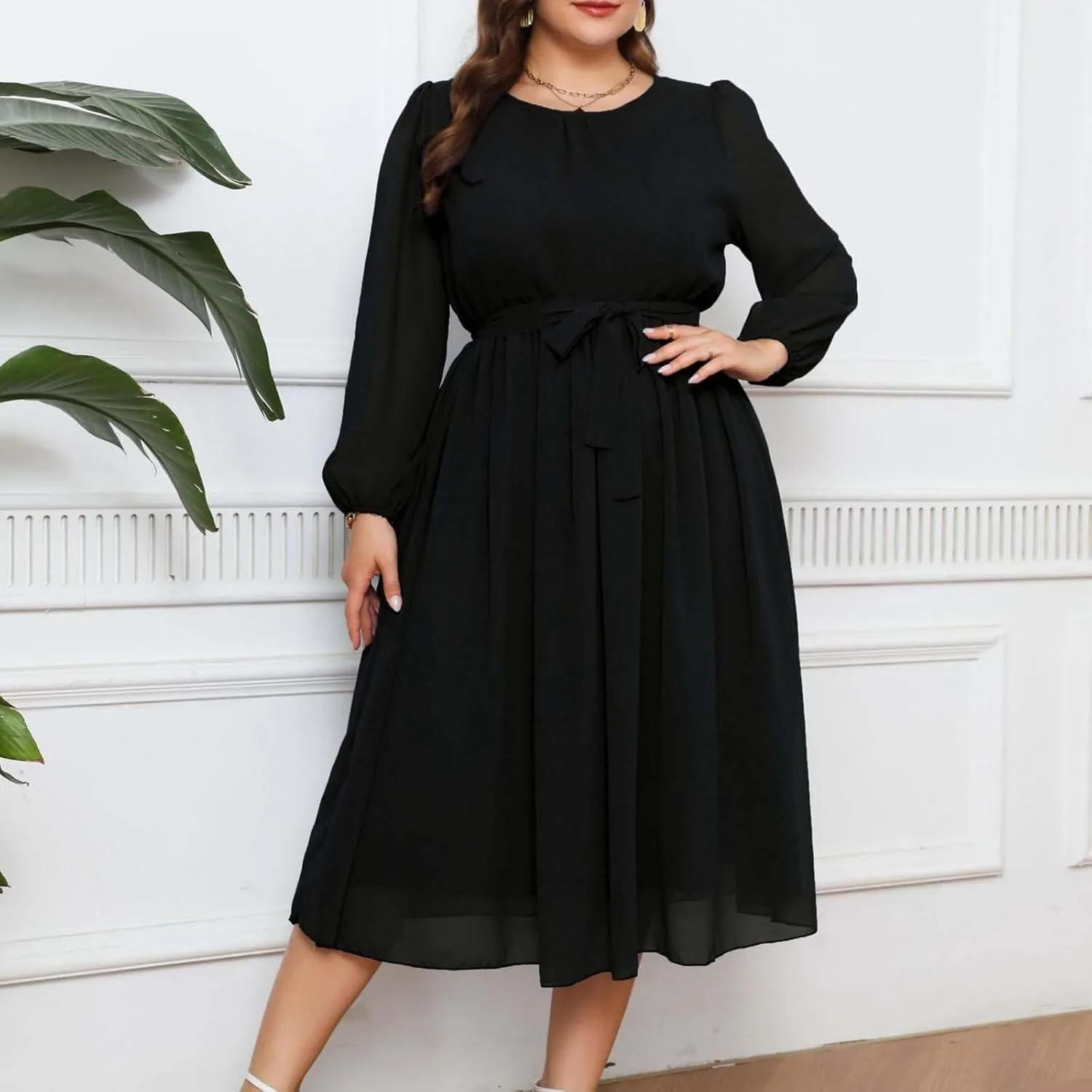 Women's Plus Size Elegant Work Midi Dress Casual Long Sleeves Pleated Knee Length Flowy 2024 Summer Chiffon Dress