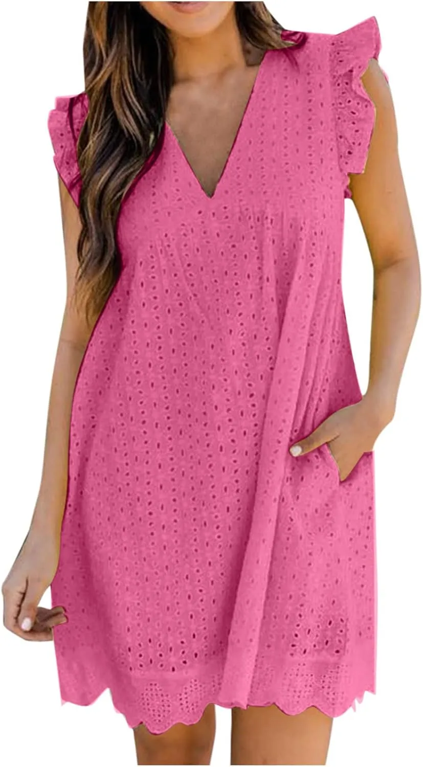 Women's Ruffle Sleeve Mini Dress Summer V Neck Hollow Out Eyelet Embroidery Pleated A Line Swing Short Dresses