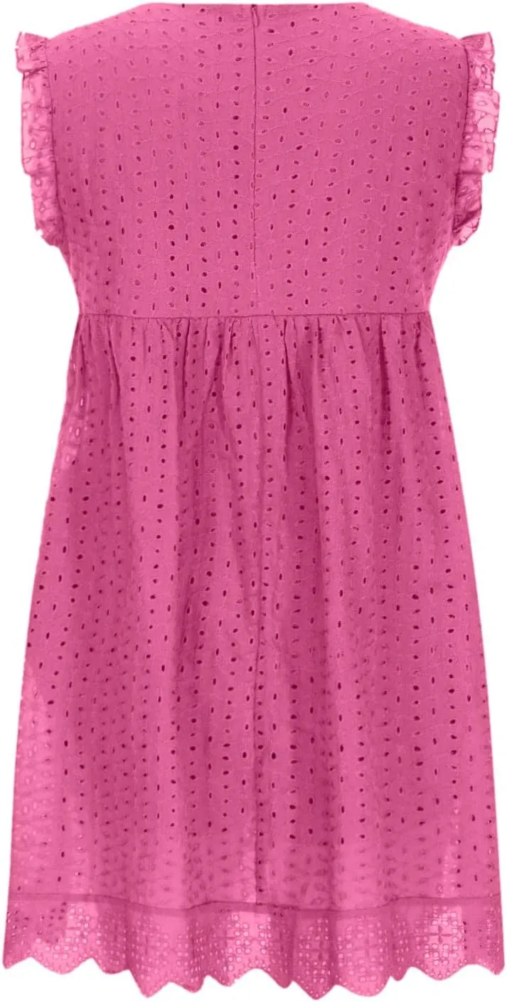 Women's Ruffle Sleeve Mini Dress Summer V Neck Hollow Out Eyelet Embroidery Pleated A Line Swing Short Dresses