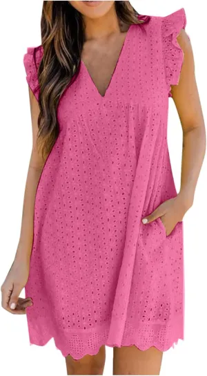 Women's Ruffle Sleeve Mini Dress Summer V Neck Hollow Out Eyelet Embroidery Pleated A Line Swing Short Dresses