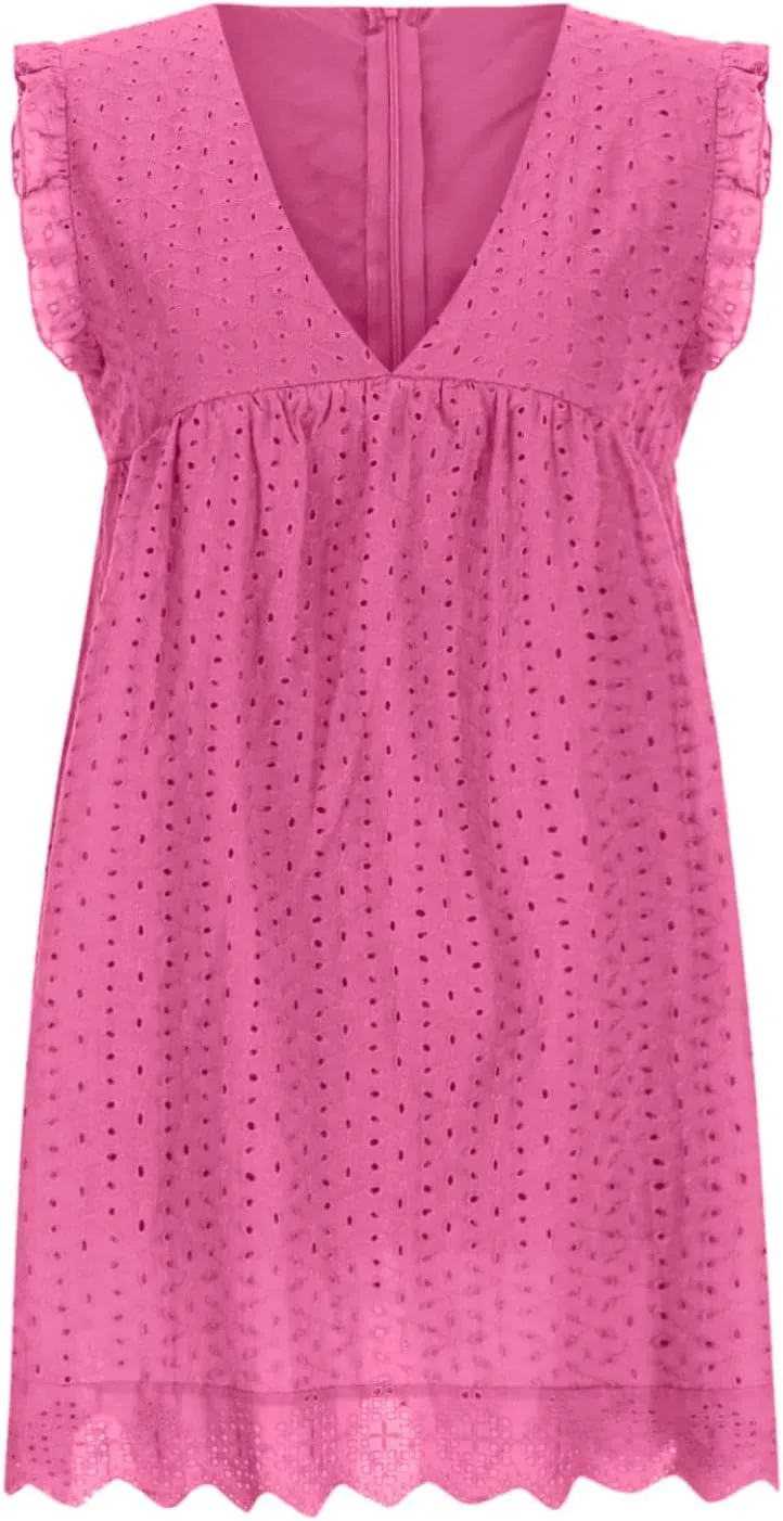 Women's Ruffle Sleeve Mini Dress Summer V Neck Hollow Out Eyelet Embroidery Pleated A Line Swing Short Dresses