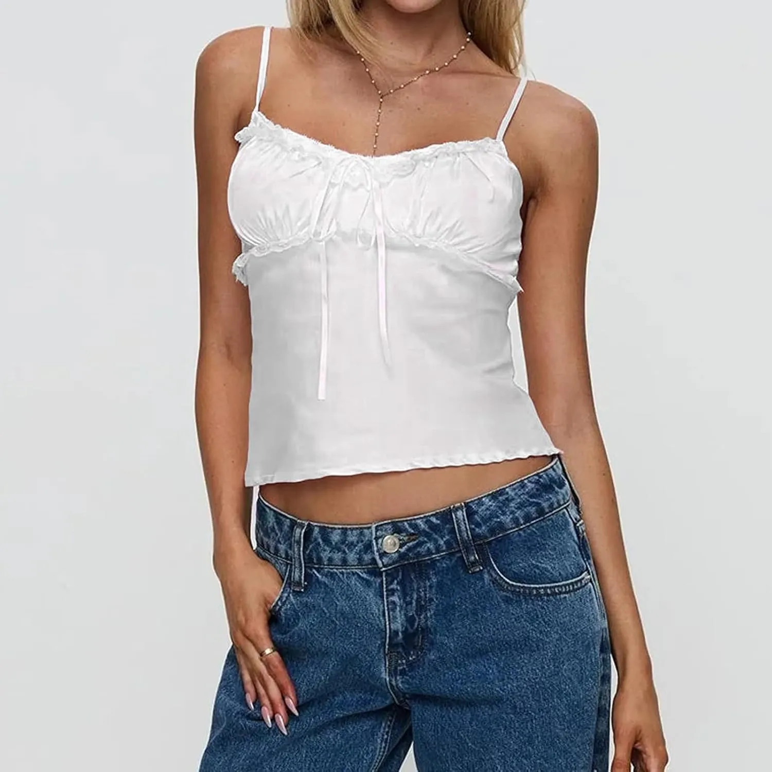 Women's Satin Silk Cami Tops Y2K Going Out Crop Top Spaghetti Strap Ruched Bust Lace Trim Tank Tops
