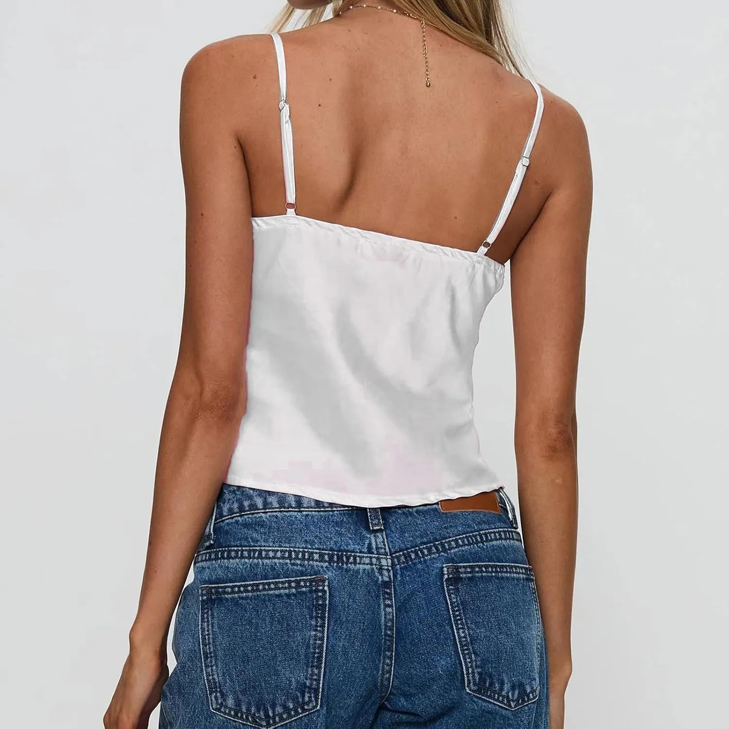 Women's Satin Silk Cami Tops Y2K Going Out Crop Top Spaghetti Strap Ruched Bust Lace Trim Tank Tops