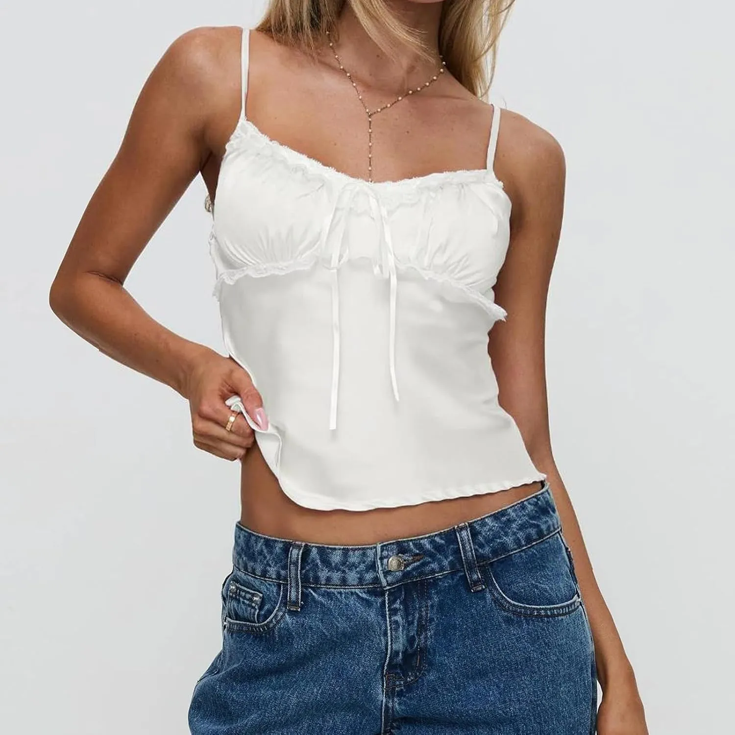 Women's Satin Silk Cami Tops Y2K Going Out Crop Top Spaghetti Strap Ruched Bust Lace Trim Tank Tops