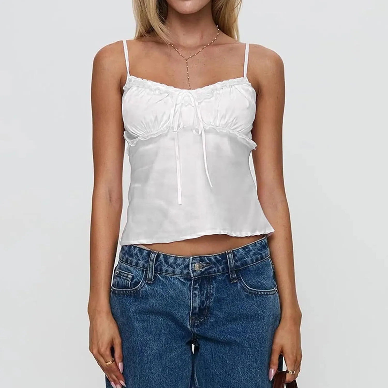 Women's Satin Silk Cami Tops Y2K Going Out Crop Top Spaghetti Strap Ruched Bust Lace Trim Tank Tops