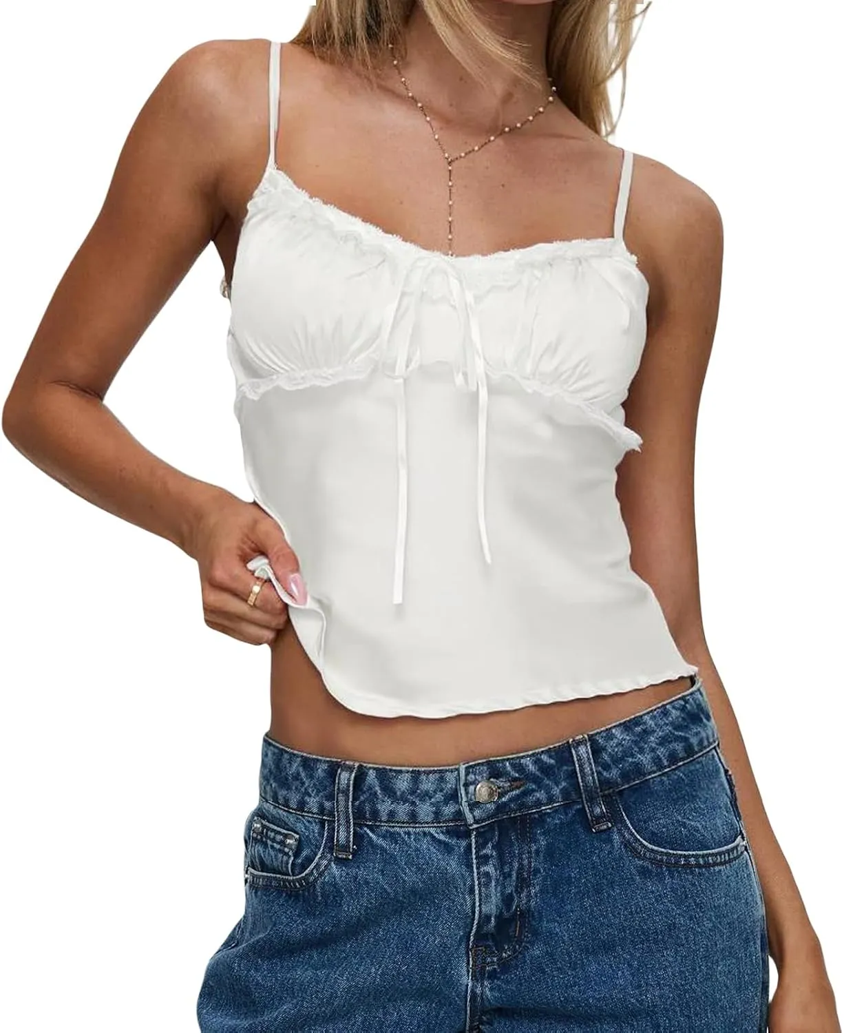 Women's Satin Silk Cami Tops Y2K Going Out Crop Top Spaghetti Strap Ruched Bust Lace Trim Tank Tops