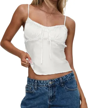 Women's Satin Silk Cami Tops Y2K Going Out Crop Top Spaghetti Strap Ruched Bust Lace Trim Tank Tops
