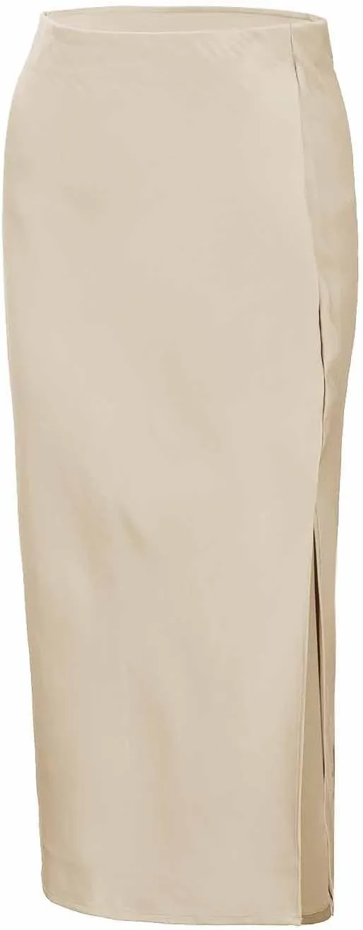 Womens Satin Silk High Waist Slit Midi Skirt Elastic Waistband Midi Skirts Elegant and Handsome Half