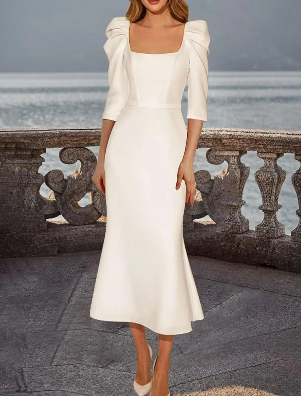 Women's Satin Tea Length Wedding Dress for Bride 3/4 Sleeves Sheath Square Collar Bridal Evening Party Dress