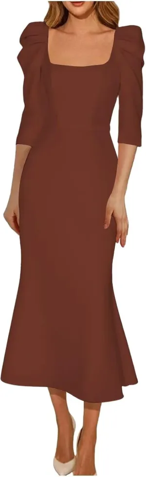 Women's Satin Tea Length Wedding Dress for Bride 3/4 Sleeves Sheath Square Collar Bridal Evening Party Dress