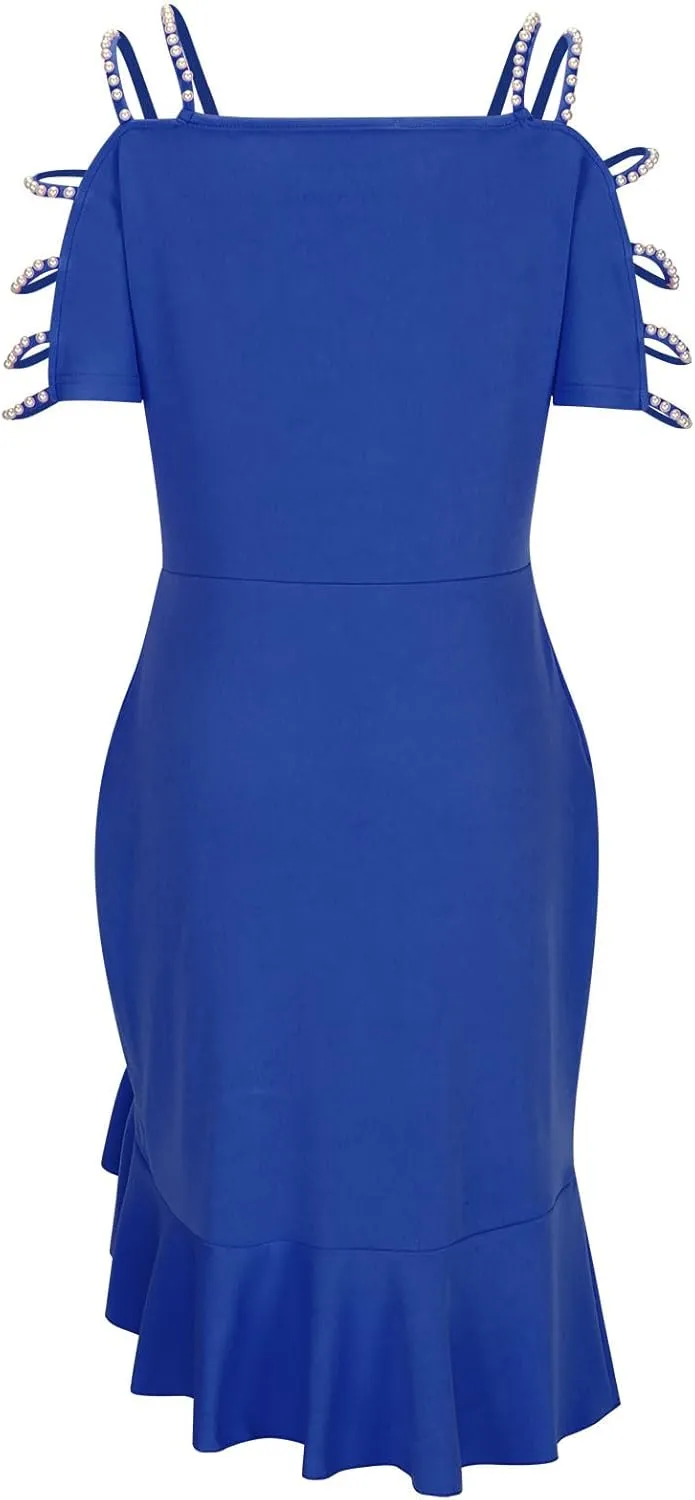 Women's Sexy Off Shoulder Bodycon Elegant Crew Neck Midi Formal Dresses Irregular Ruffle Hem Cocktail Party Dress