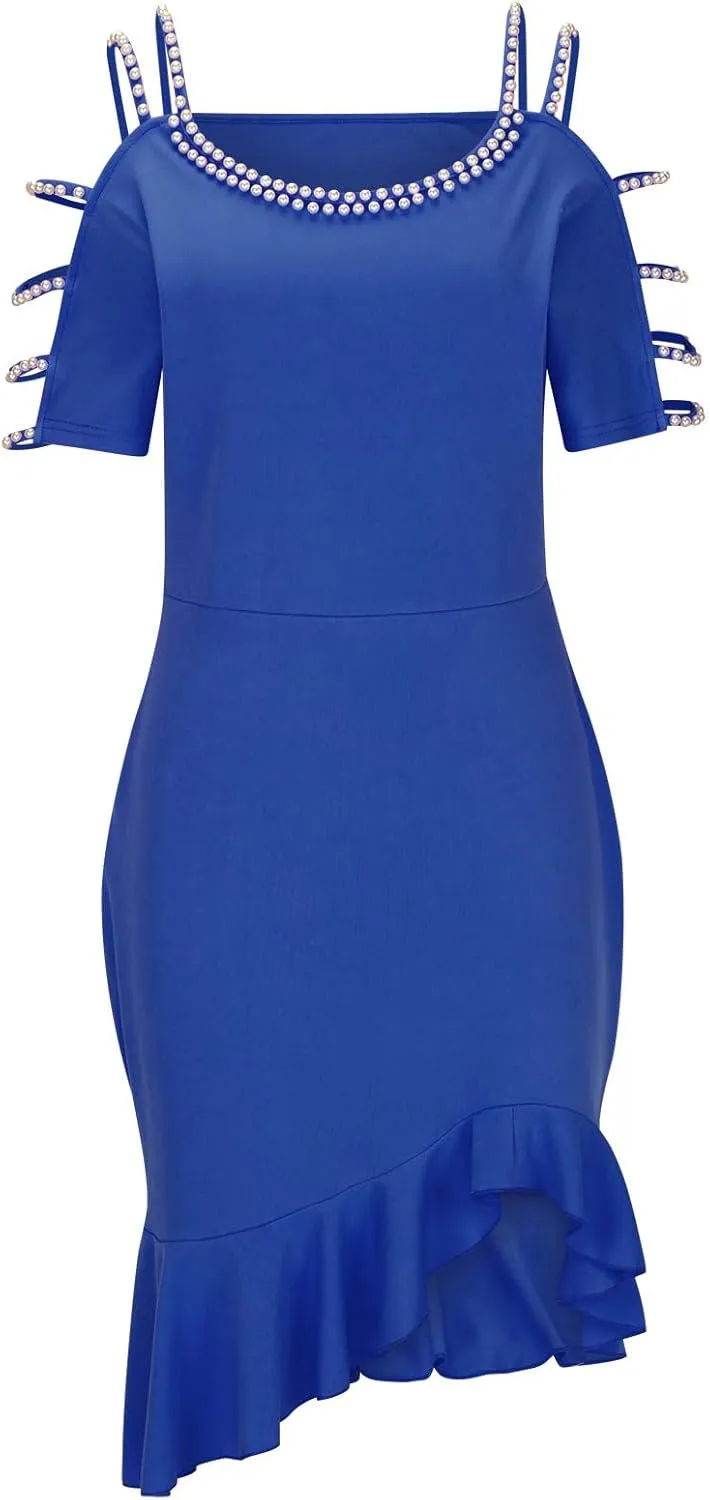 Women's Sexy Off Shoulder Bodycon Elegant Crew Neck Midi Formal Dresses Irregular Ruffle Hem Cocktail Party Dress