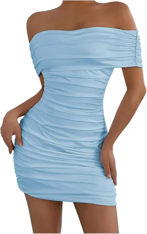 Women's Sexy Off Shoulder Sleeveless Bodycon Ruched Midi Elegant Cocktail Evening Party Night Tube Dress Cocktail Tube Dress