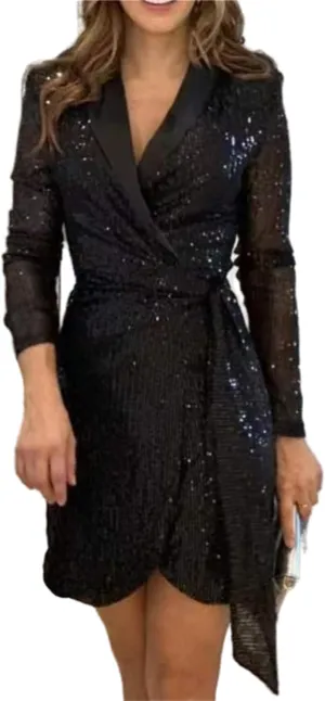 Women's Sexy One Shoulder Half Short Sleeve Wrap Bodycon Midi Party Club Dress Sparkly Sequin Shirt Mini Dress