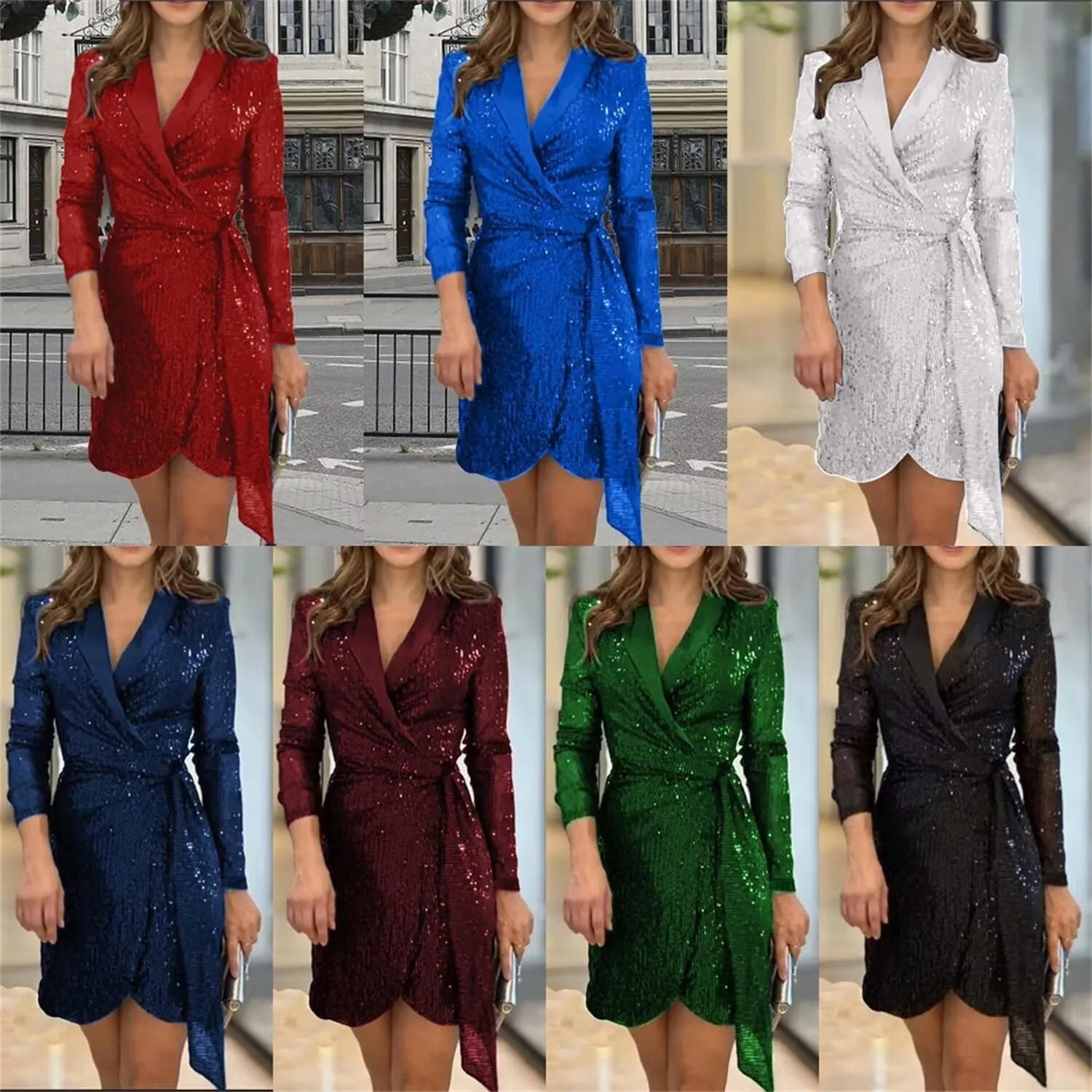 Women's Sexy One Shoulder Half Short Sleeve Wrap Bodycon Midi Party Club Dress Sparkly Sequin Shirt Mini Dress