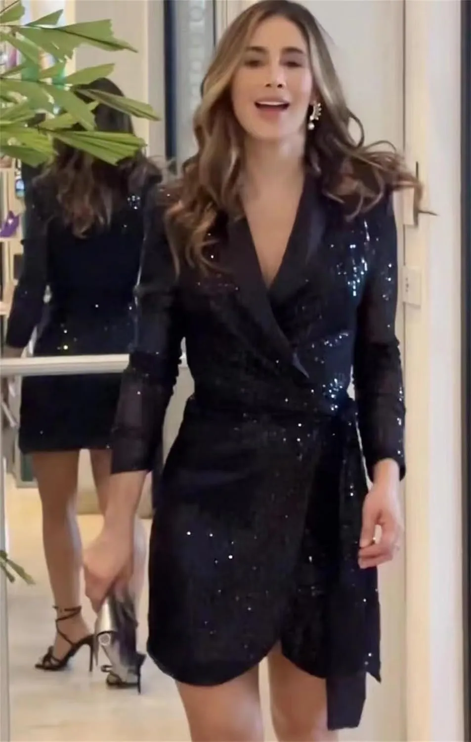 Women's Sexy One Shoulder Half Short Sleeve Wrap Bodycon Midi Party Club Dress Sparkly Sequin Shirt Mini Dress