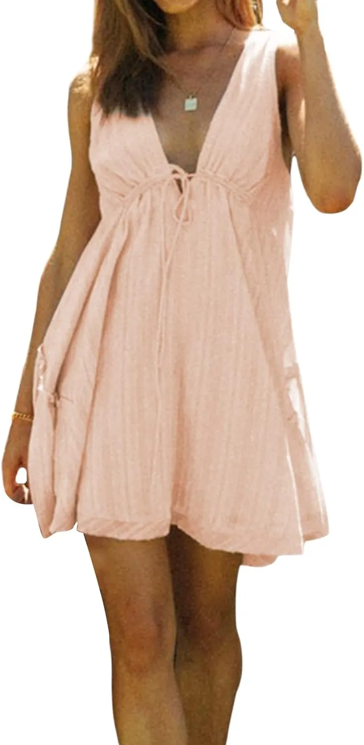 Womens Sleeveless Mini Dress Y2k Going Out Streetwear Casual Cami Cute Loose Ruffle Hem Lace Trim Short Dresses