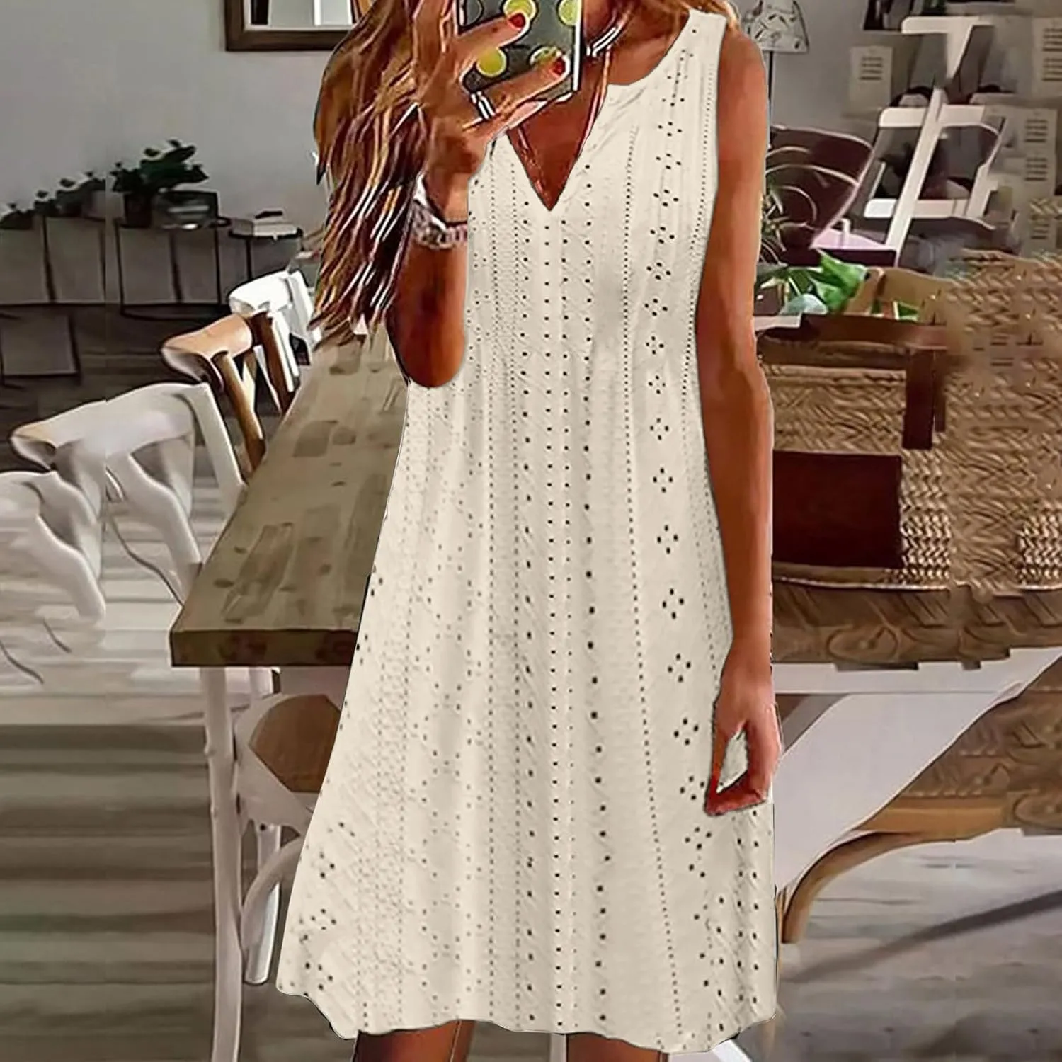 Women's Sleeveless V Neck Eyelet Dress Summer Casual Loose Fit Midi Sundress Elegant Beach Vacation Outfit