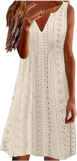 Women's Sleeveless V Neck Eyelet Dress Summer Casual Loose Fit Midi Sundress Elegant Beach Vacation Outfit