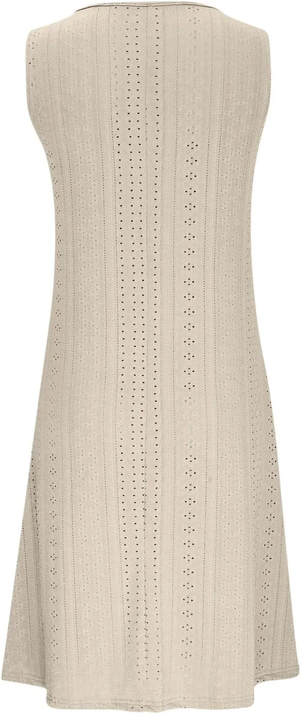 Women's Sleeveless V Neck Eyelet Dress Summer Casual Loose Fit Midi Sundress Elegant Beach Vacation Outfit