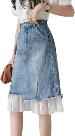 Women's Split Denim Skirts Summer High-Waisted Slimming Mesh Patchwork Irregular A-Line Skirt