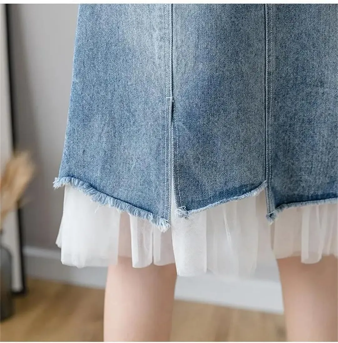 Women's Split Denim Skirts Summer High-Waisted Slimming Mesh Patchwork Irregular A-Line Skirt