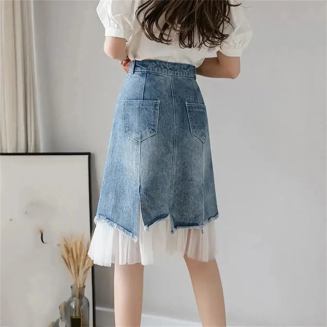 Women's Split Denim Skirts Summer High-Waisted Slimming Mesh Patchwork Irregular A-Line Skirt