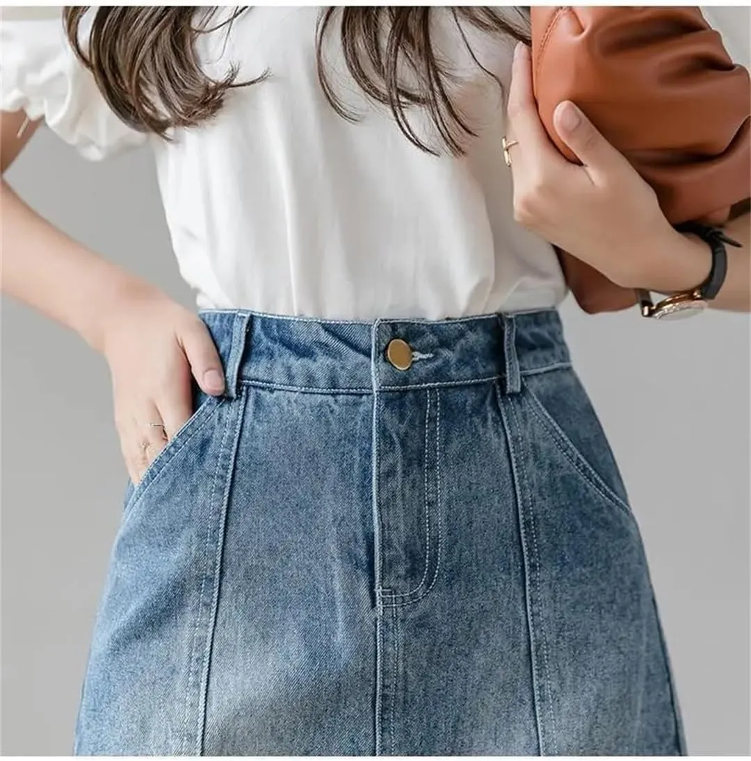Women's Split Denim Skirts Summer High-Waisted Slimming Mesh Patchwork Irregular A-Line Skirt