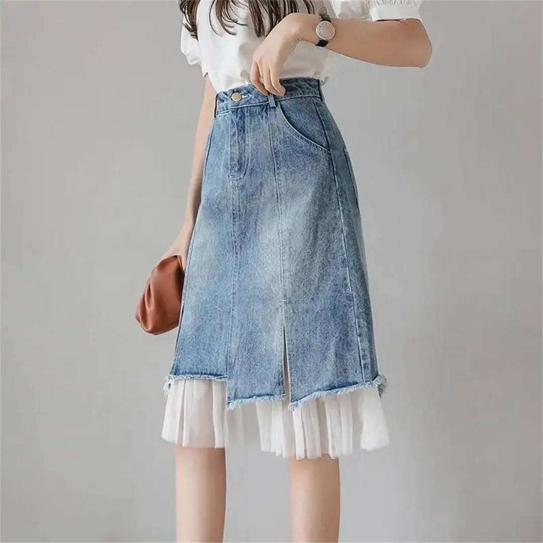 Women's Split Denim Skirts Summer High-Waisted Slimming Mesh Patchwork Irregular A-Line Skirt