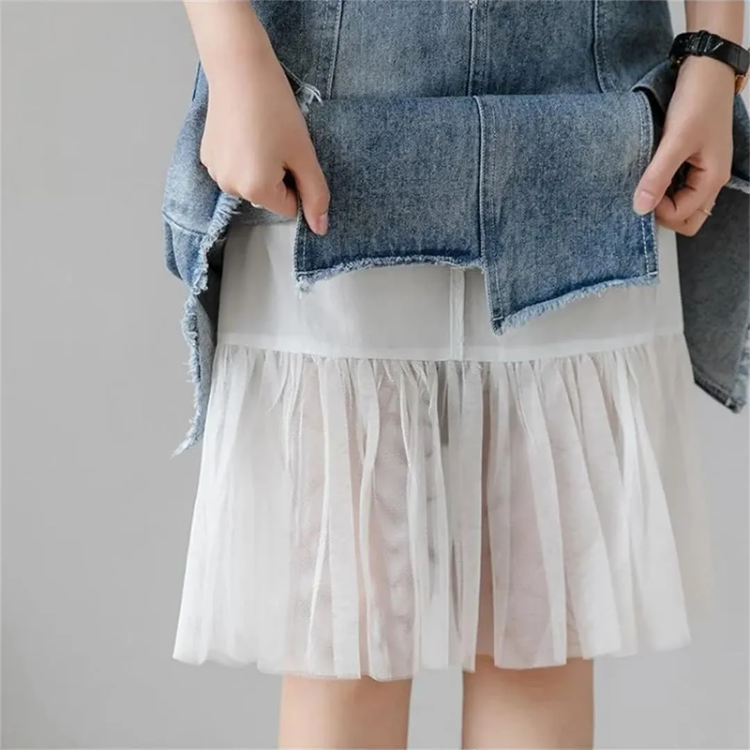Women's Split Denim Skirts Summer High-Waisted Slimming Mesh Patchwork Irregular A-Line Skirt
