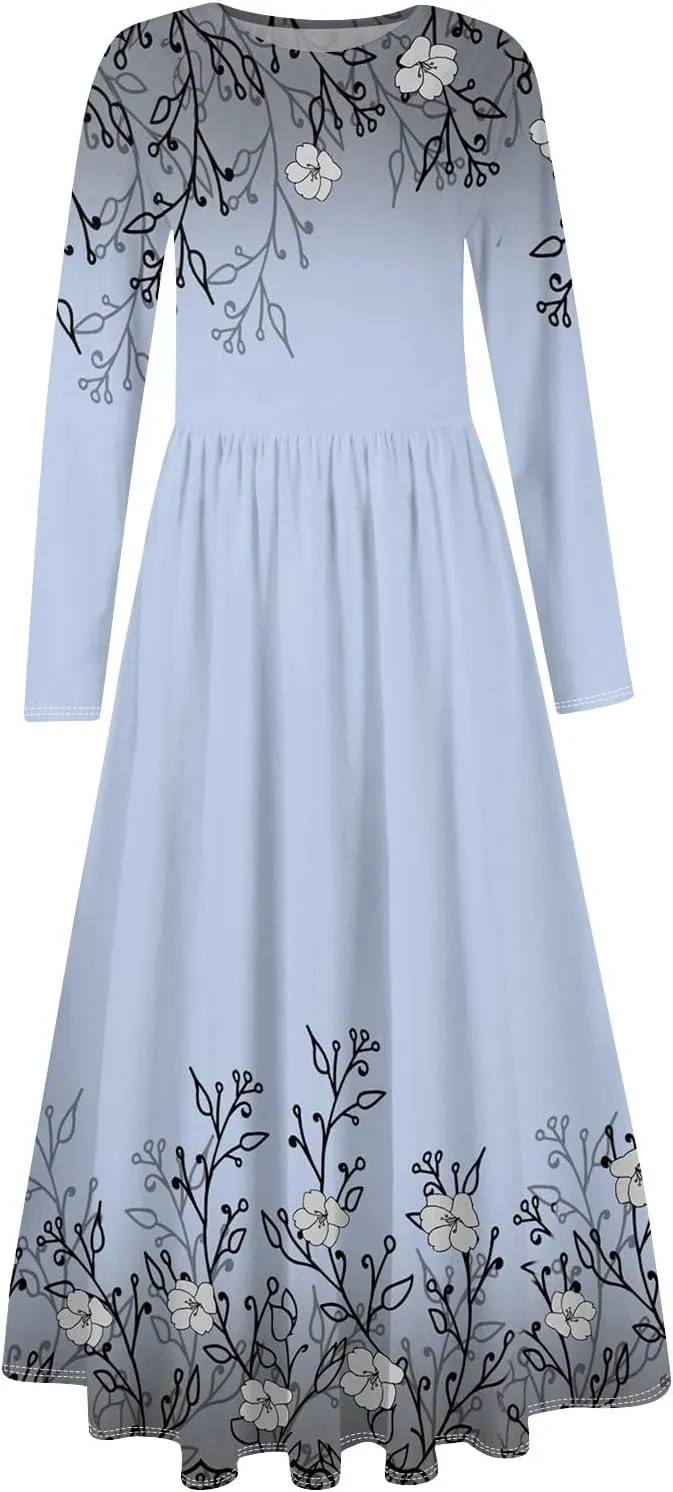 Womens Spring Dresses 2025 Long Sleeve O Neck Midi Trendy Summer Elegant Boho Holiday Fitted Dress