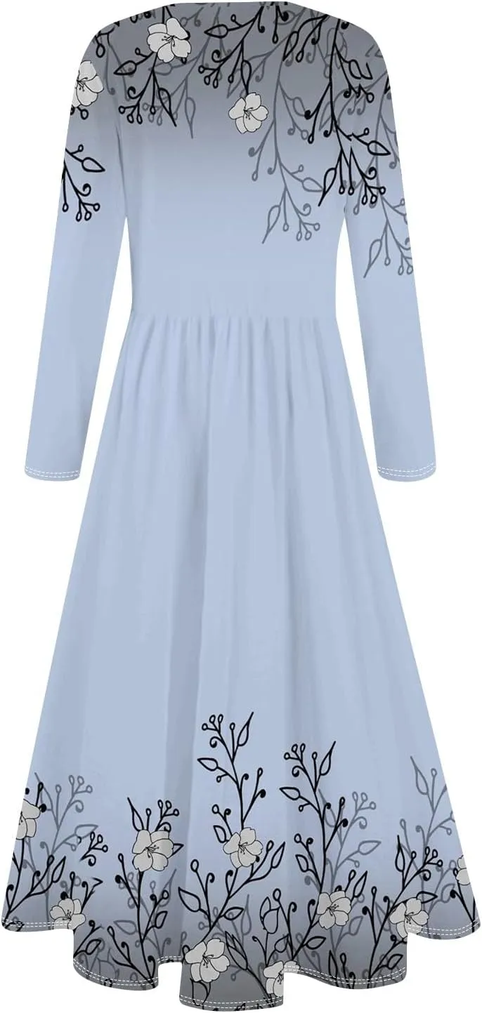Womens Spring Dresses 2025 Long Sleeve O Neck Midi Trendy Summer Elegant Boho Holiday Fitted Dress