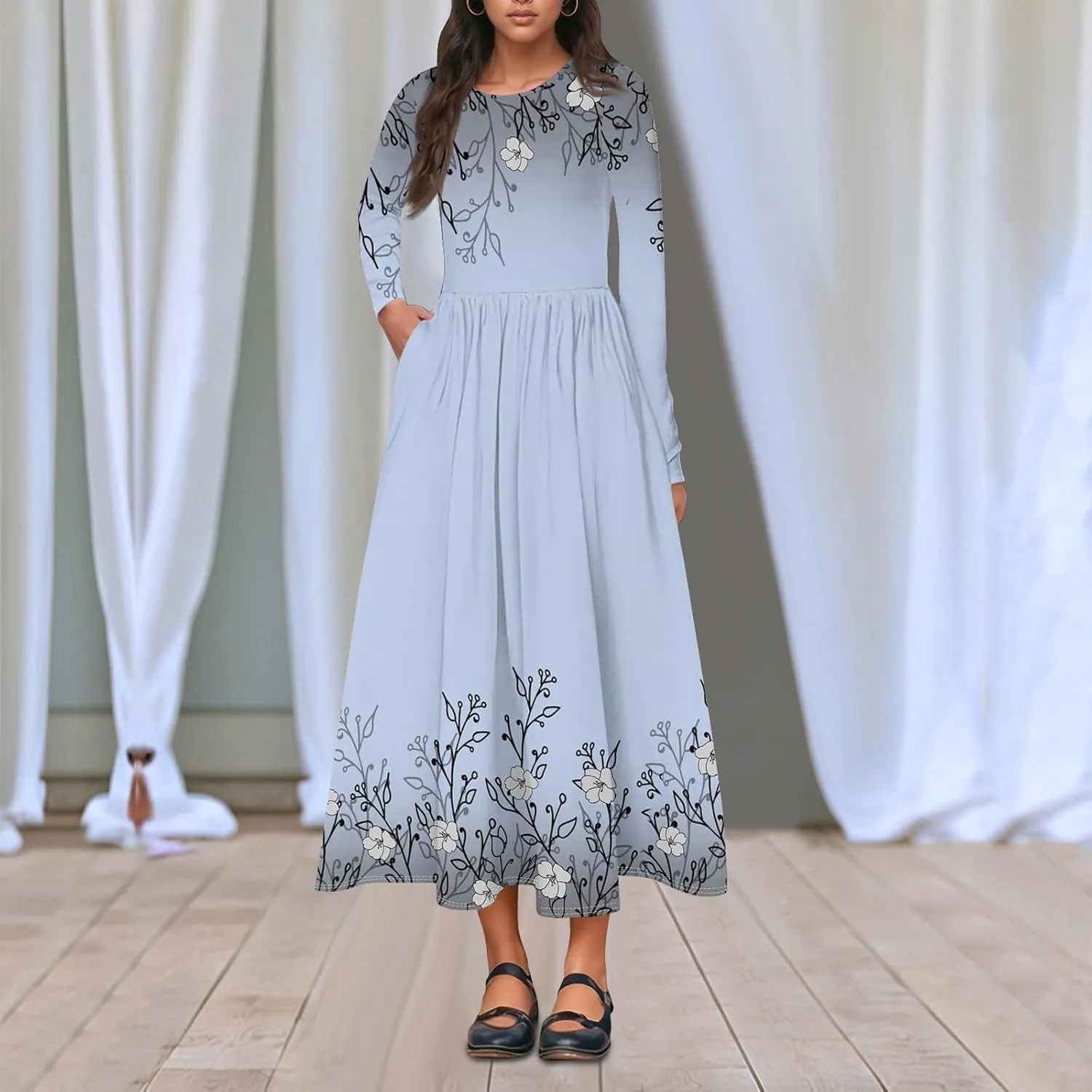 Womens Spring Dresses 2025 Long Sleeve O Neck Midi Trendy Summer Elegant Boho Holiday Fitted Dress
