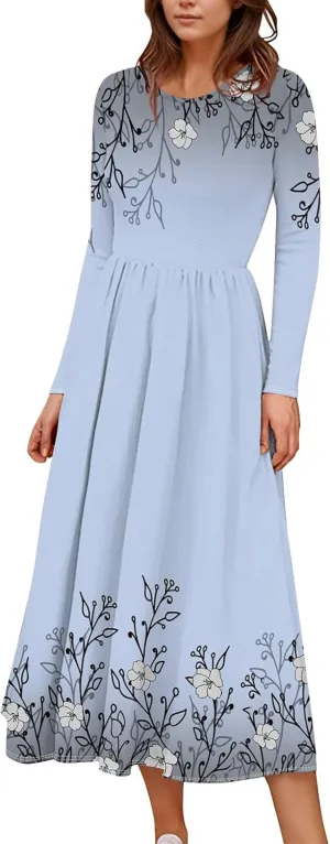 Womens Spring Dresses 2025 Long Sleeve O Neck Midi Trendy Summer Elegant Boho Holiday Fitted Dress