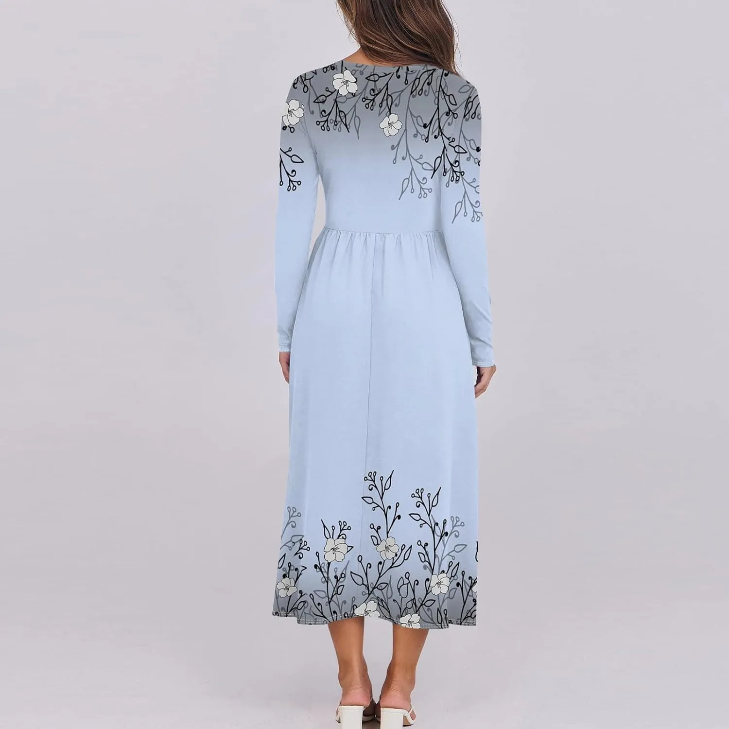 Womens Spring Dresses 2025 Long Sleeve O Neck Midi Trendy Summer Elegant Boho Holiday Fitted Dress