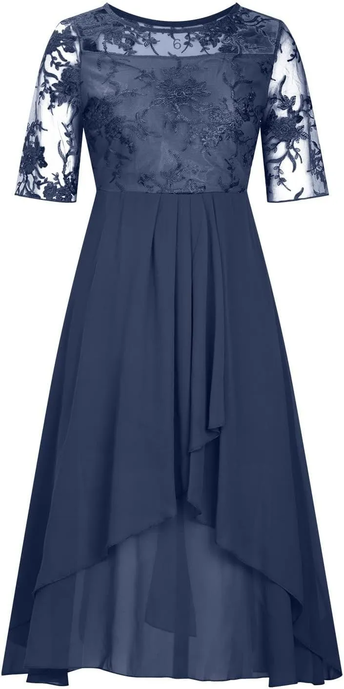 Women's Spring Dresses Elegant Lace Splicing Solid Color Evening Gown Short Sleeve Cocktail Wedding Dresses, S-3XL