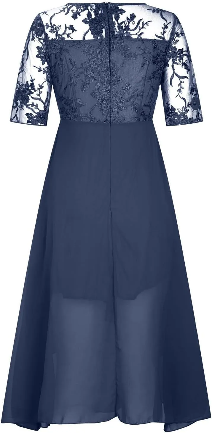 Women's Spring Dresses Elegant Lace Splicing Solid Color Evening Gown Short Sleeve Cocktail Wedding Dresses, S-3XL