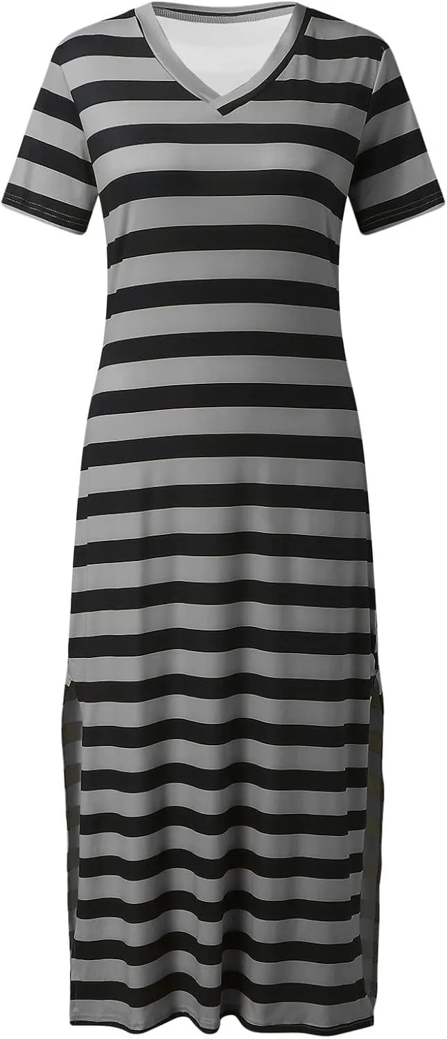 Women's Striped Short Sleeve Tshirt Dress Side Split Casual Midi Dresses Plus Size V Neck Loose Tunic Dress
