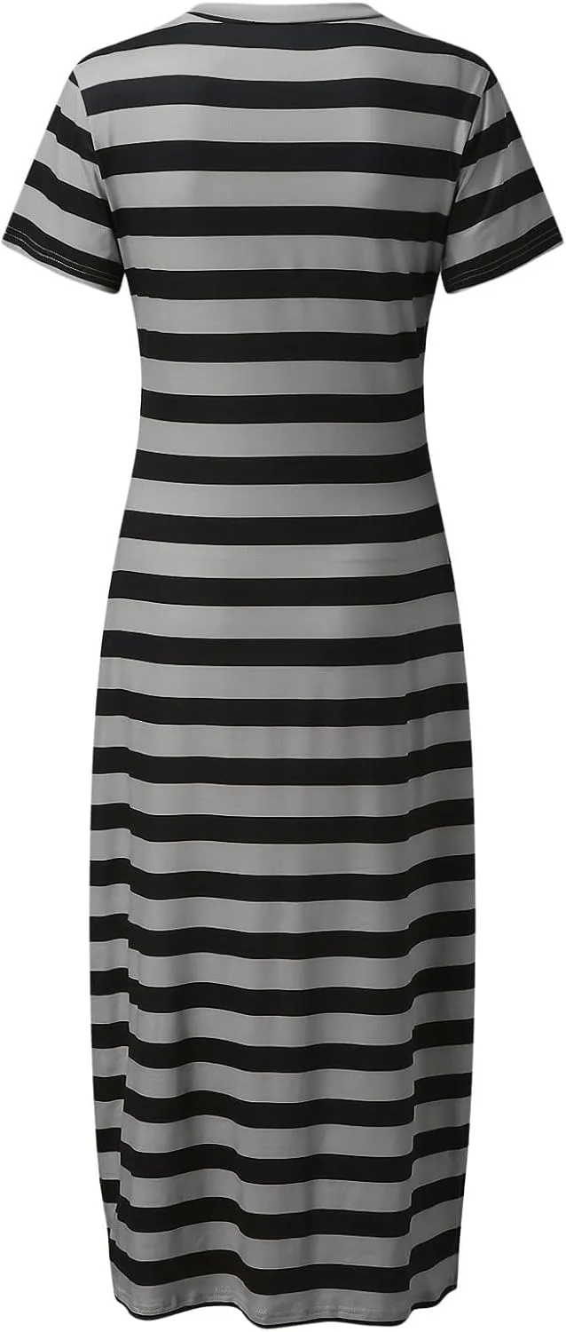 Women's Striped Short Sleeve Tshirt Dress Side Split Casual Midi Dresses Plus Size V Neck Loose Tunic Dress