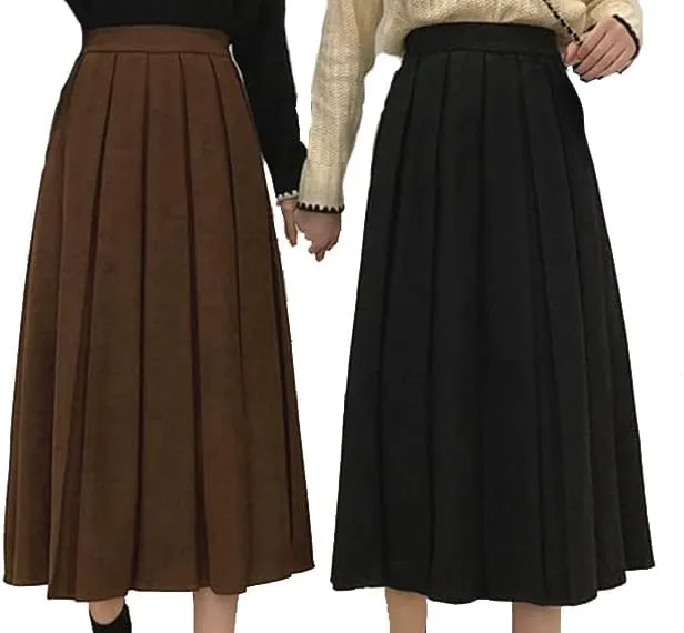 Women's Stylish Pleated Midi Skirt High Waist A-Line Solid Skirt