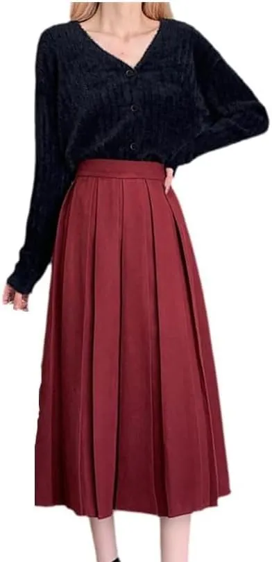 Women's Stylish Pleated Midi Skirt High Waist A-Line Solid Skirt