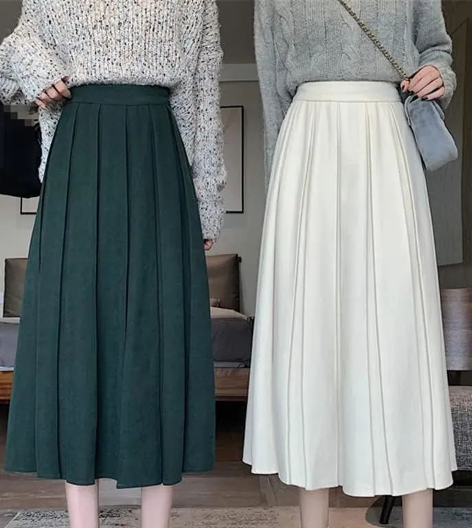 Women's Stylish Pleated Midi Skirt High Waist A-Line Solid Skirt