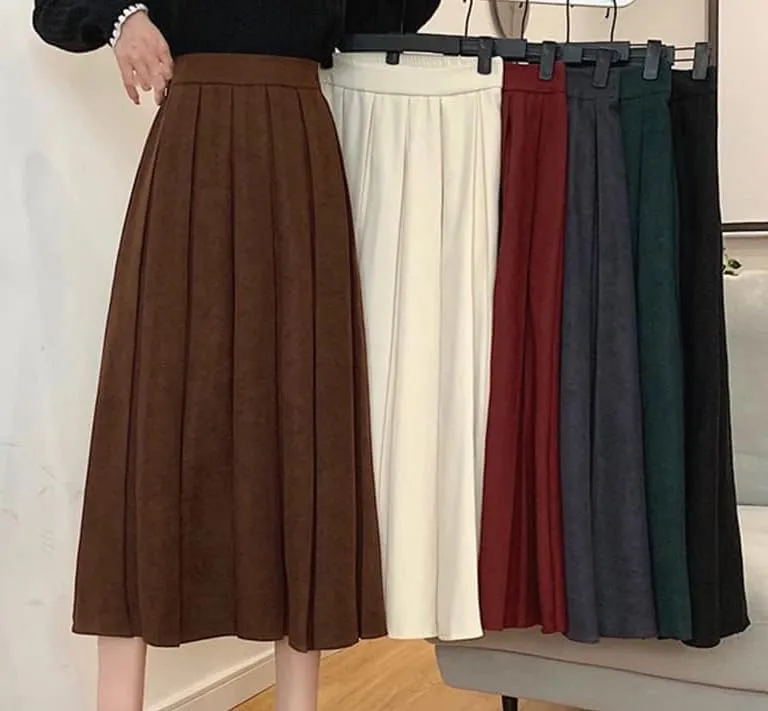 Women's Stylish Pleated Midi Skirt High Waist A-Line Solid Skirt