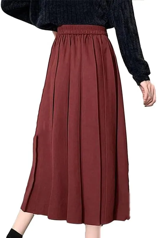 Women's Stylish Pleated Midi Skirt High Waist A-Line Solid Skirt