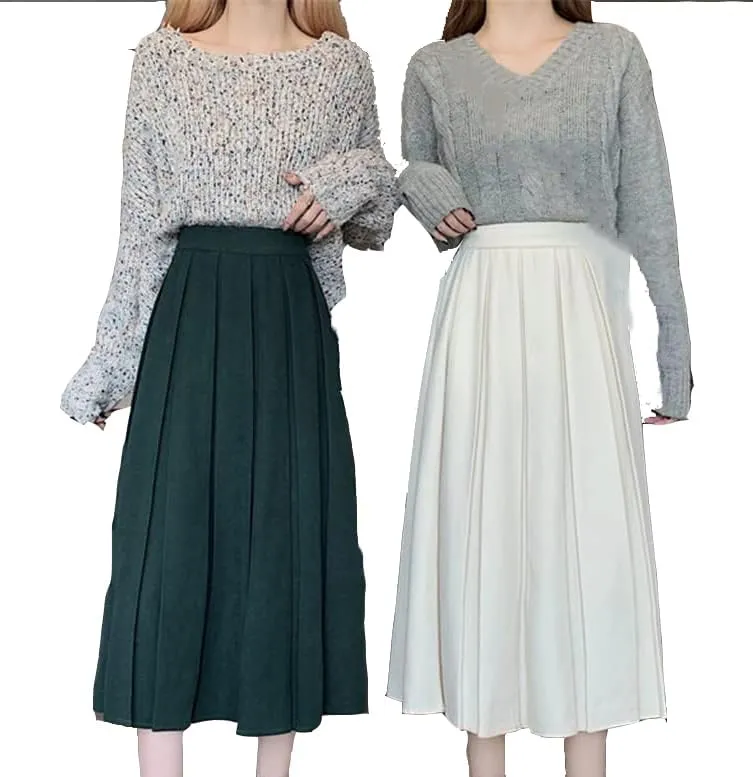 Women's Stylish Pleated Midi Skirt High Waist A-Line Solid Skirt