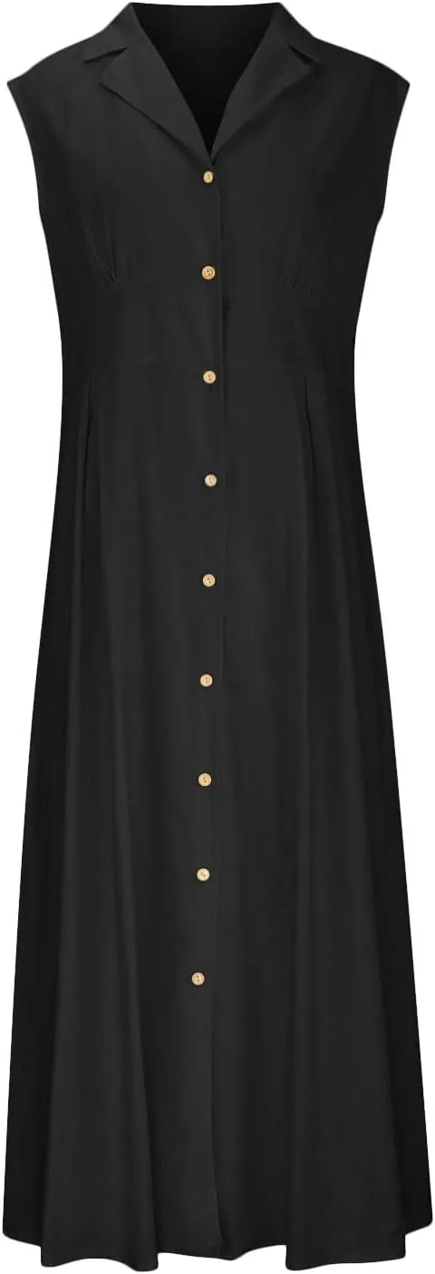 Women's Summer Boho Button Cotton Linen Midi Dresses Casual Collared V Neck Sleeveless Elegant Long Sundress